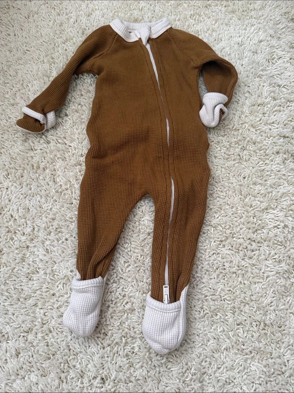 Waffle-Knit Brown and Cream Baby Footie One-Piece